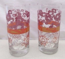 Vintage Set of 2 Drinking Glasses Flower Power Retro Flower Purple Orange Floral