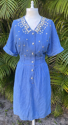 Vintage Jean Dress Womens Medium Silver Rhinestone Studs Light Wash Denim 90s