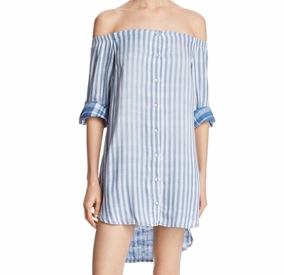 NEW CLOTH & STONE SzL OFF THE SHOULDER BUTTON FRONT DRESS STRIPED MARINA WASH