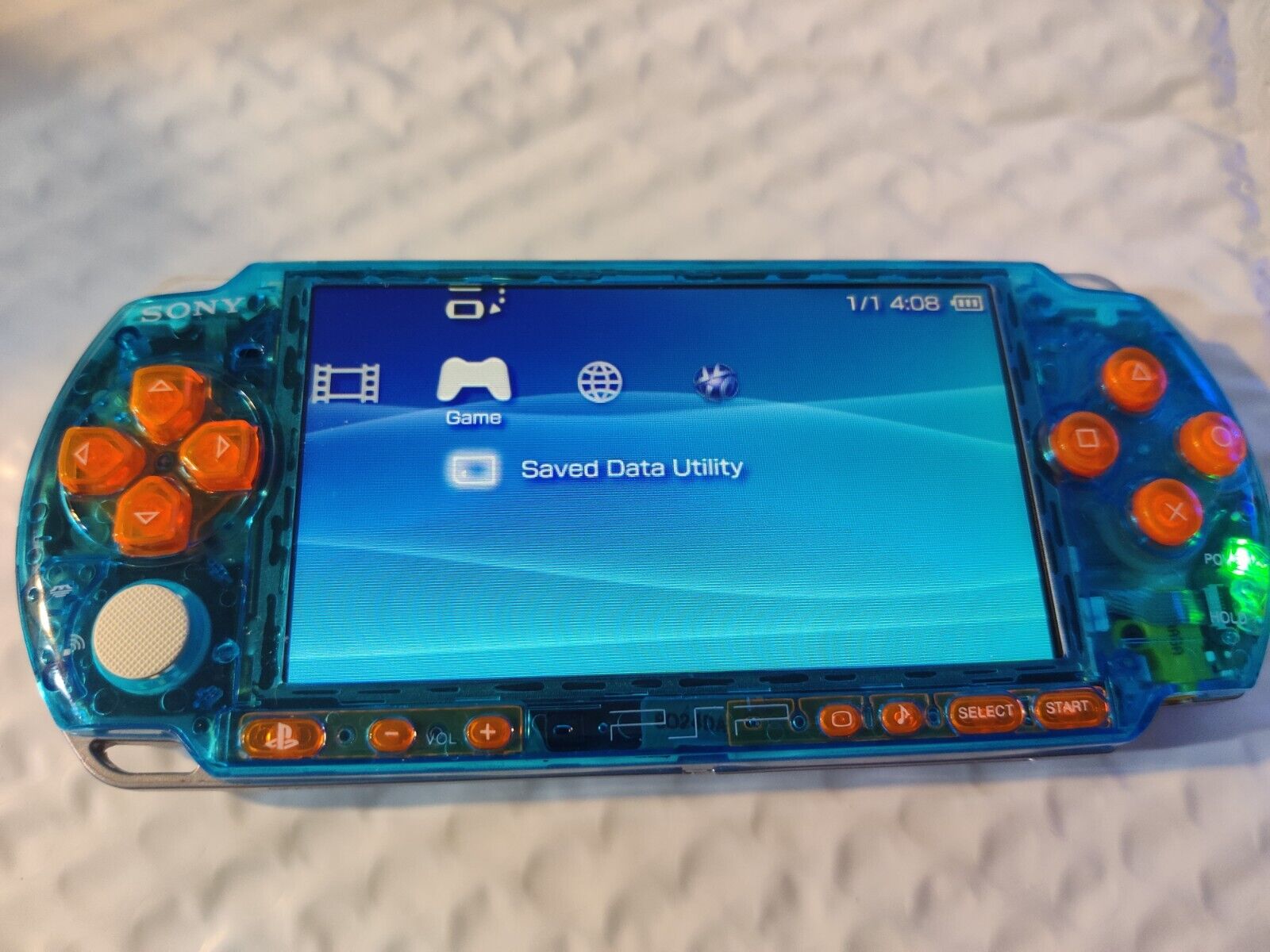 Sony PSP 3000 Console System Transparent Blue / Orange Buttons w Charger  import