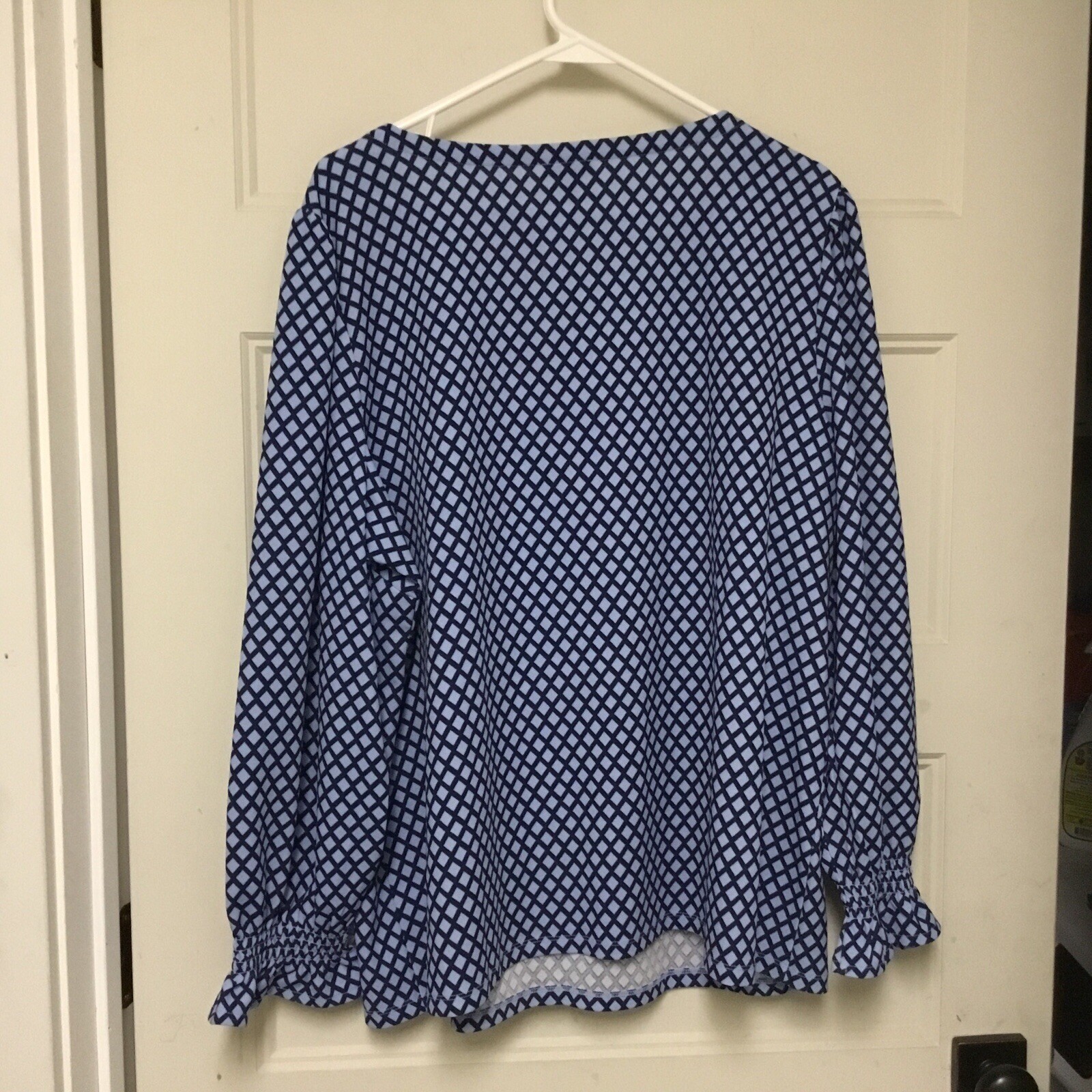 Talbots Smocked Cuff Top Trellis Print Blue Plus Size 2X