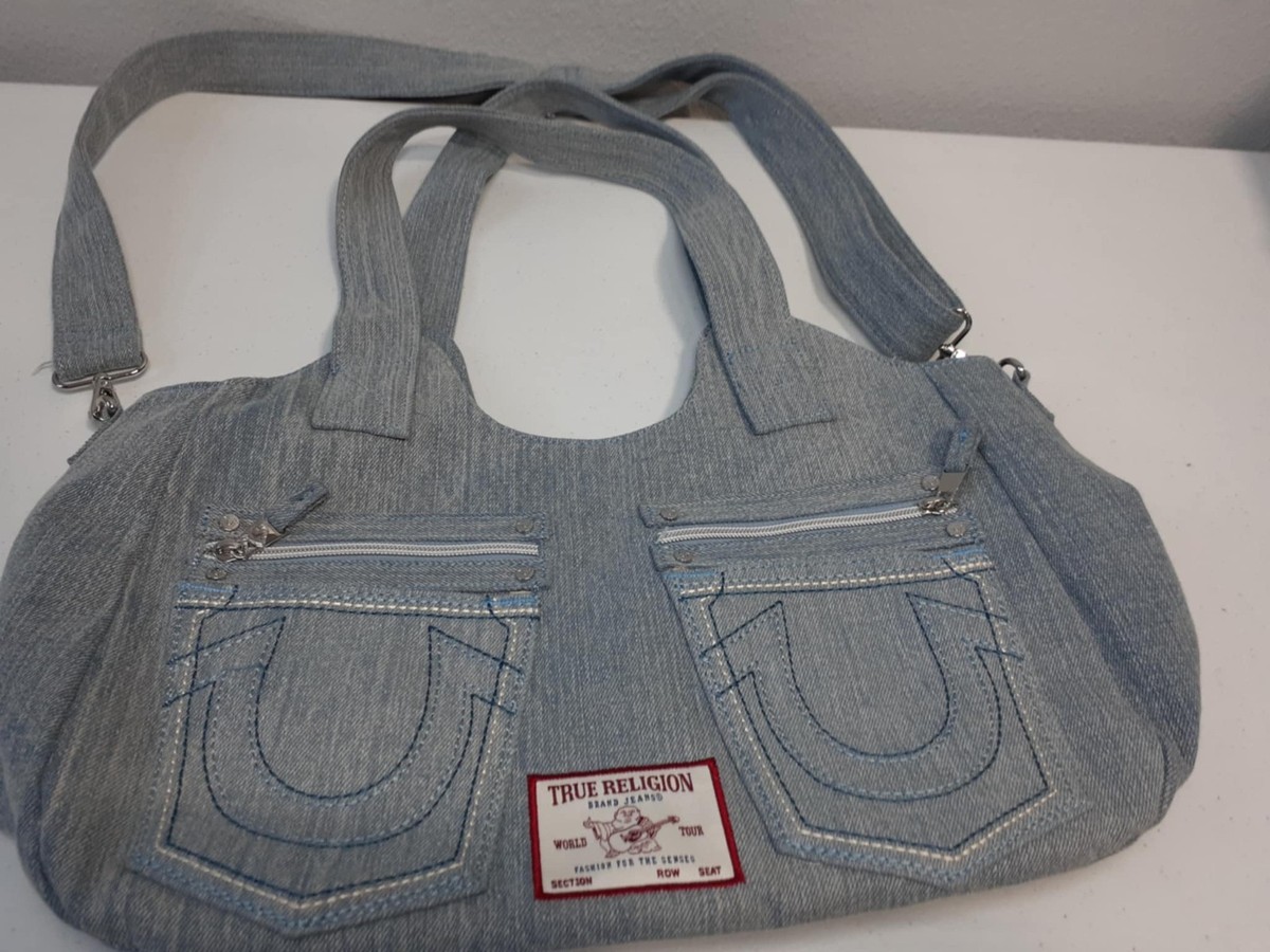 True Religion Womens Horseshoe Stitch Blue Denim Satchel Crossbody