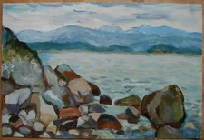 Ukrainian Soviet USSR tempera Painting postimpressionism seascape rocks