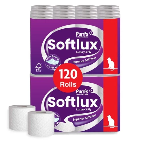 120 Rolls Softlux 3Ply Luxury Toilet Rolls Quilted Embossed Superior Soft Tissue