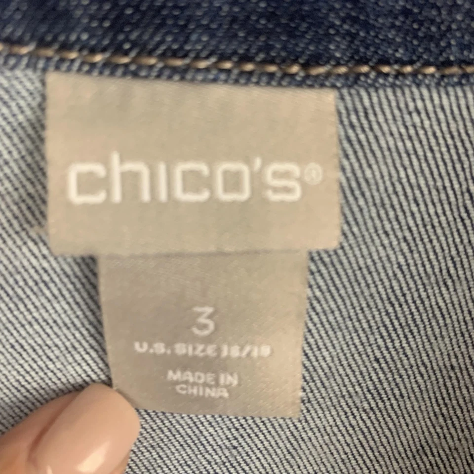 Chicos Denim Jacket Womens XL Chicos (3) Blue Denim Longline Jean Coat Pockets - Image 3 of 4