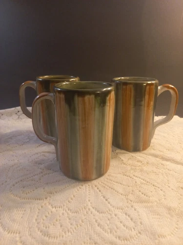 Louisville Pottery John B. Taylor 3 Handpainted Ceramic Mugs Vintage MCM Neutral