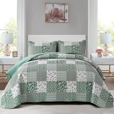 Mybedsoul Green Quilt Set Twin Size, 2 Pieces Plaid Floral Bedspread Set Patc...