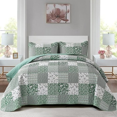 Mybedsoul Green Quilt Set Twin Size, 2 Pieces Plaid Floral Bedspread Set Patc...