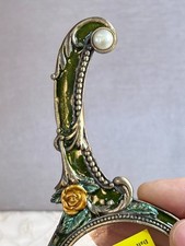 Magnifying Glass 6"L Gold Enamel Flowers Faux Pearls NOS Gorgeous Styling