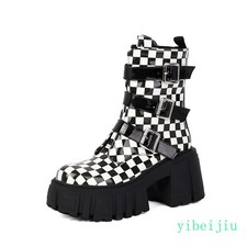 Women's Platform High Block Heel Ankle Boots Grid Knight Shoes Thick Sole Gothic