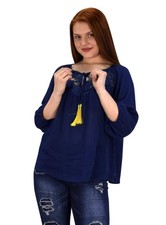 Lace Pattern Tie Neck 3/4 Sleeve Crochet Blouse Navy Medium