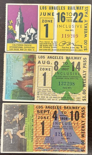 Los Angeles Railway Pass 1935, 1937 and 1938 Nice Variety lot of 3.