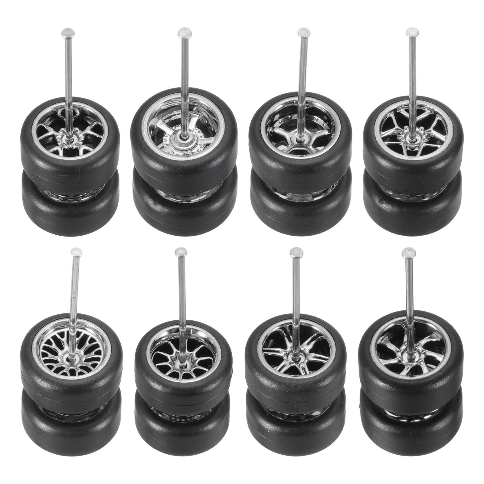 8 Set 1/64 Wheels and Tires Set, Kit 1 Rims Silver Rims