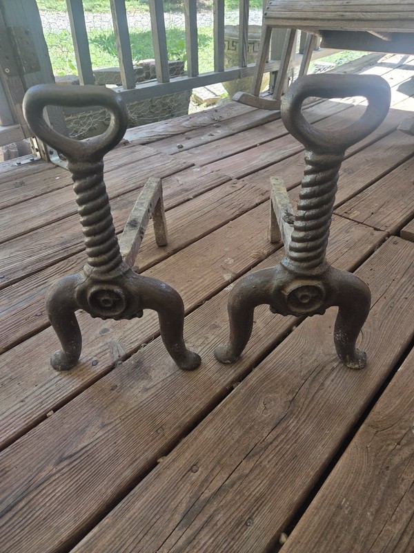 Vintage Cast Iron Rustic Key Keyhole Fire Dogs. Andirons