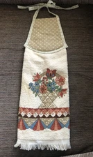 Vintage 80s 90s Hanging Kitchen Towel Beige Earthtones Floral Top Tie Made USA