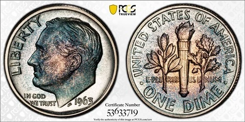 PR66 1963 10C Roosevelt Silver Proof Dime, PCGS Trueview- Beautifully Toned