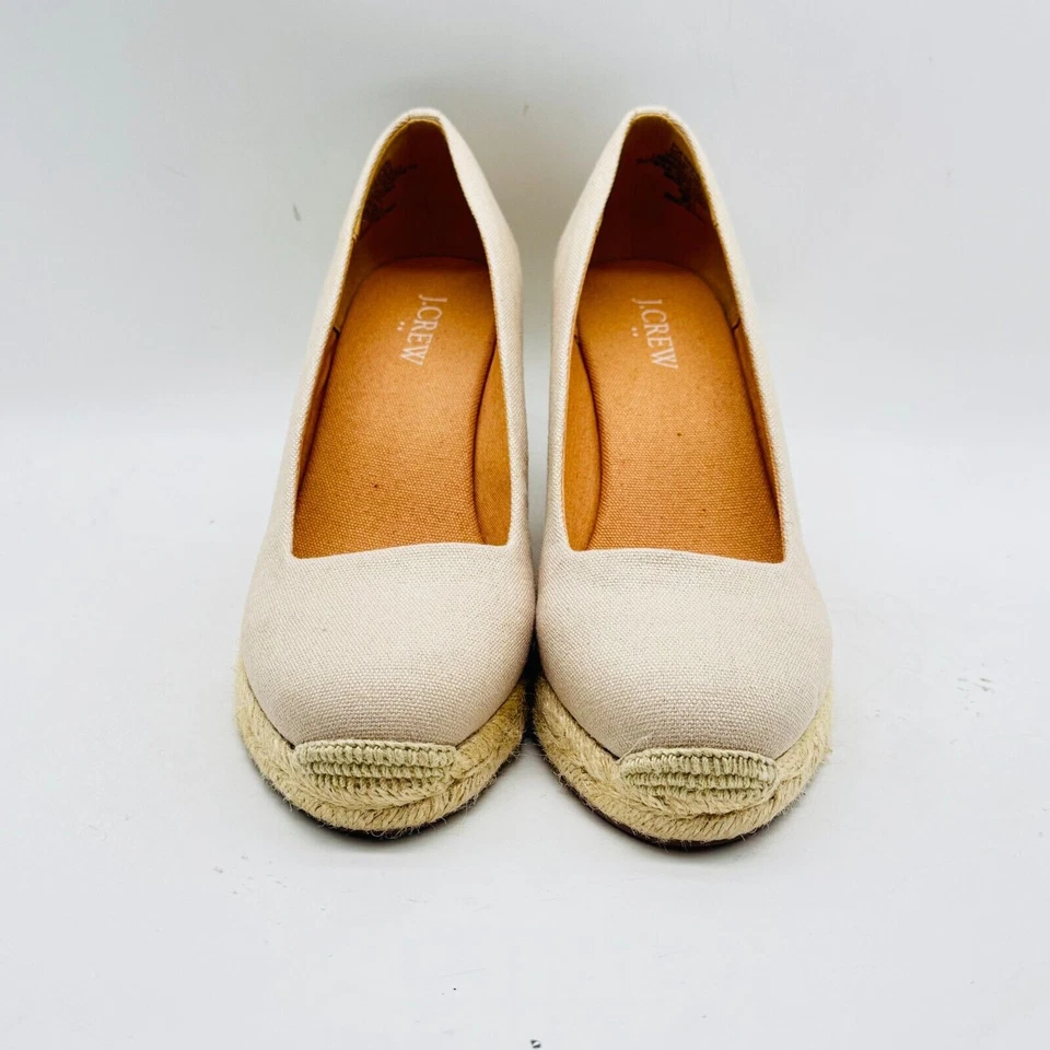 Sapatos femininos J Crew espadrille wedges 7 saltos bege bronzeado tecido lona verão - Imagem 3 de 4