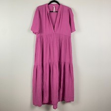 Anthropologie Pink Tiered Midi Dress SIze Small Cotton Short Puff Sleeve Hi Low