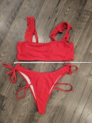 sz L Red Valentine's Vacation Romantic ruffle balconette Bandeau string bikini