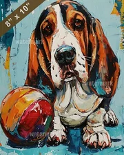 Basset Hound playing with a ball painting 8x10 Print