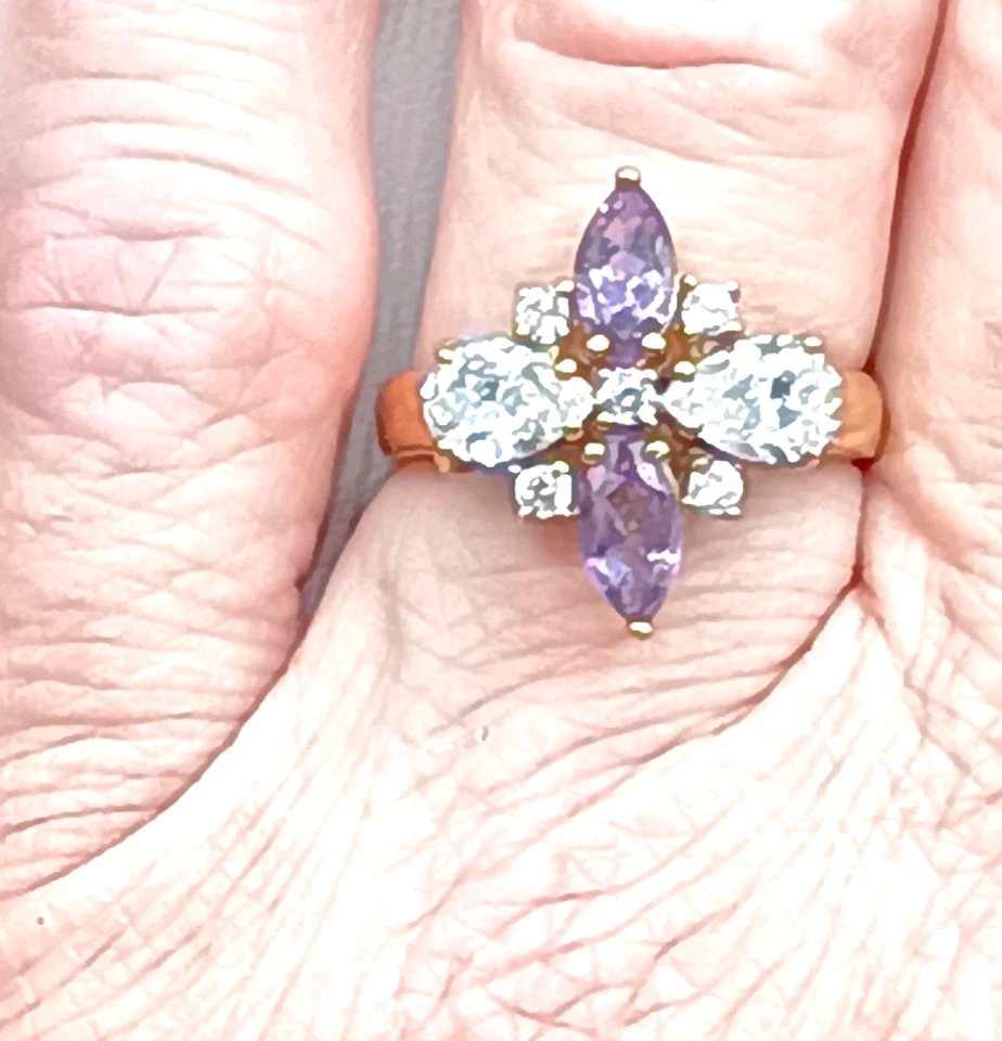 Anillo Cruz Maltesa Circonita cúbica Púrpura Talla 7.5 Plata de Ley Oro Vermeil Corea Firmado  Foto 2 de 4