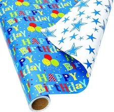 BOLIANNE Reversible Birthday Wrapping Paper for 17.7 inch x 33 feet, Blue 