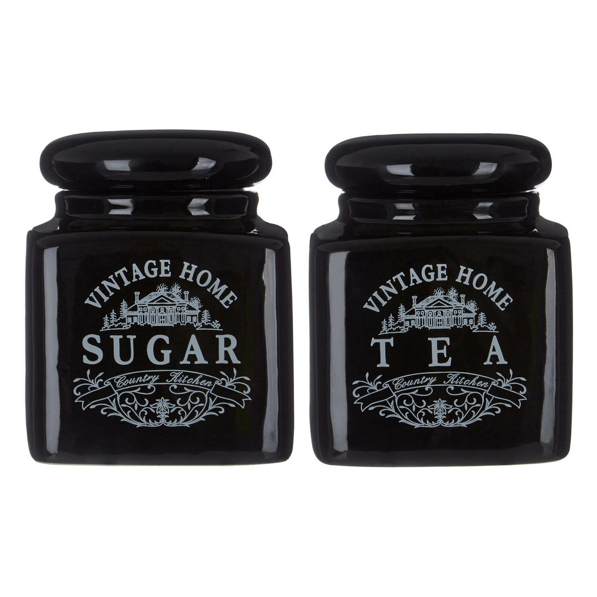 Set Of Black Ceramic Vintage Tea Sugar Jar Canister Kitchen