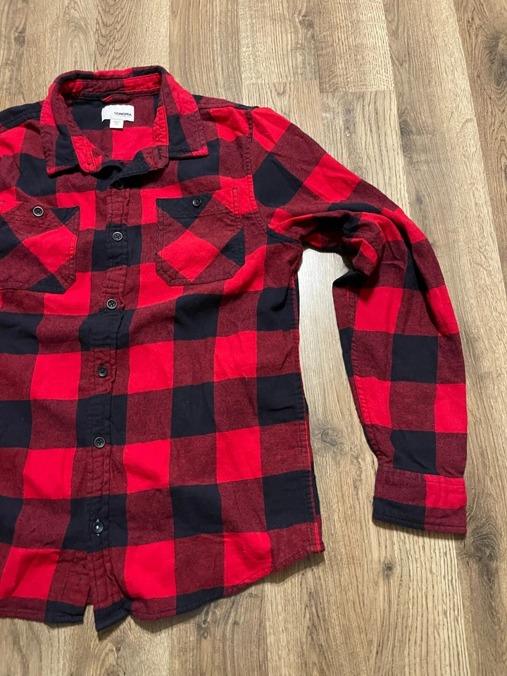 Sonoma Shirt, Boy's Size XL, Red Black, Plaid, Button Up Long Sleeve, Pockets - Imagem 4 de 4