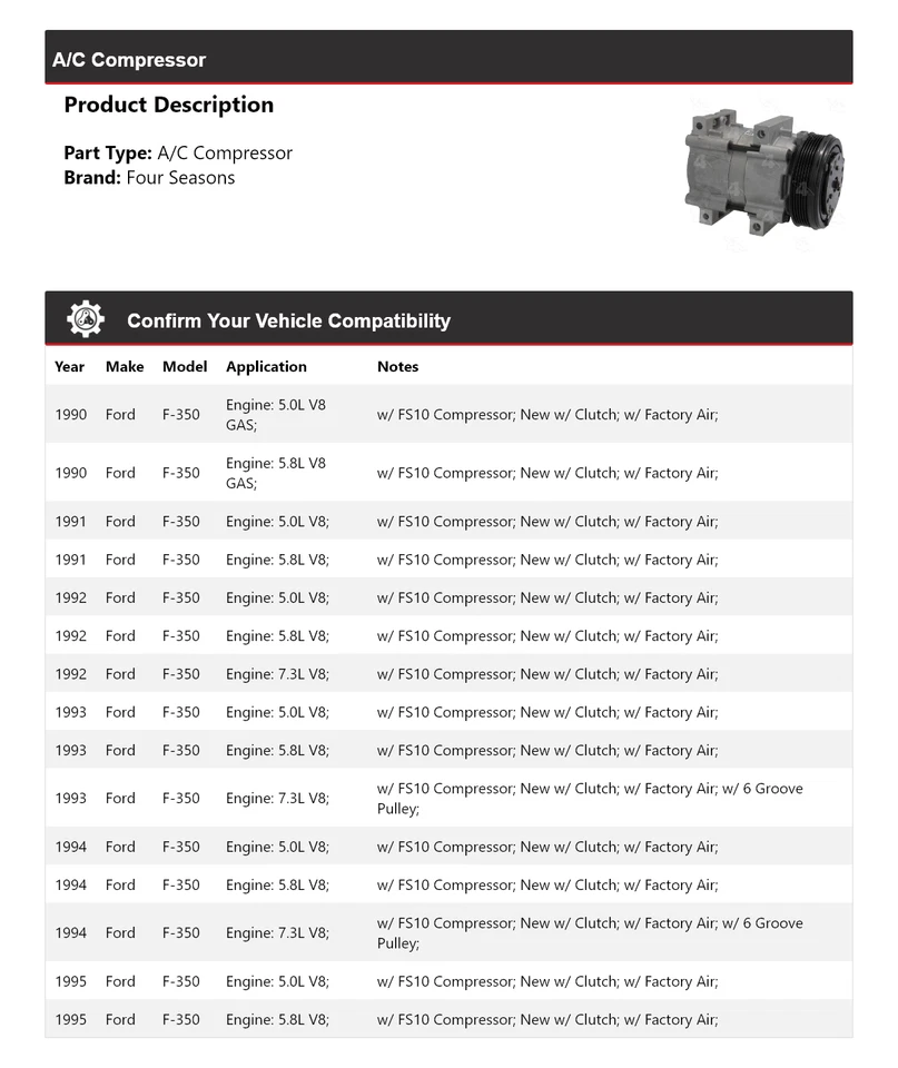Compresor de aire acondicionado Ford F-350 1990-1995 4 estaciones 1991 1992 1993 1994 Foto 2 de 4