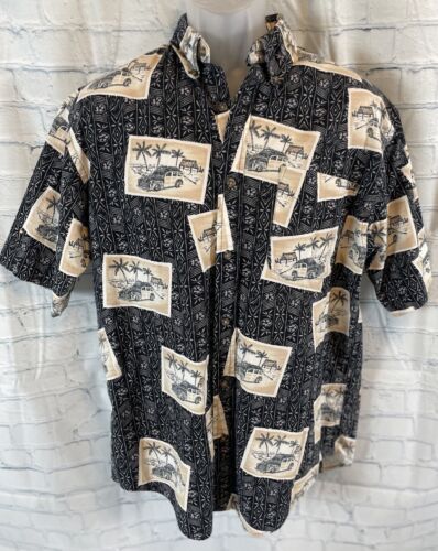 Men's Size M Puritan Top Shirt Button Up Hawaiian Vintage Cars Woody Black Tan