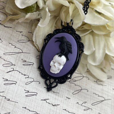 Purple BLACK Gothic Crow Raven Rose Skull Wedding Jewelry Prom necklace Cameo
