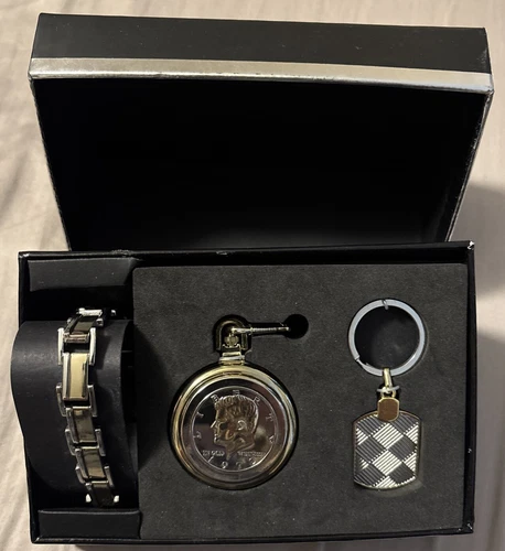 Men's Pocket Watch Two Tone Liberty 1972 Coin Case Round Gold Dial Easy Reader!