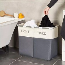 LIGHT & DARK 2 SECTION FOLDING LAUNDRY SORTER WASHING BIN BASKET STORAGE HINCH