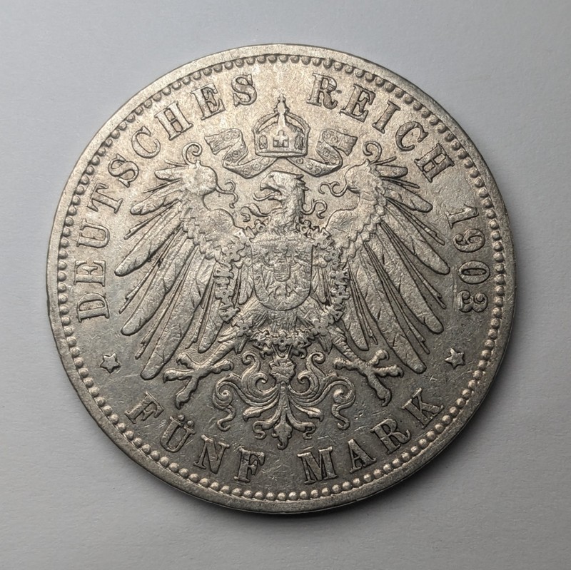 1903 J Hamburg Germany Silver .900 Fine 5 Marks