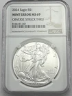 2024 $1 American Silver Eagle Mint Error Early Releases NGC MS69