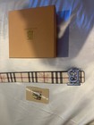 Burberry Men’s Beige Check Leather Dress Belt Size 36 Silver Logo BB Buckle — photo 4