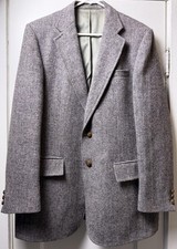 Vintage Harris Tweed Sport Coat Mens 46R Scottish Wool Gray Herringbone USA
