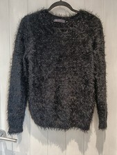 M&S Black Sequin Fluffy Jumper UK 14 Sparkly Eyelash Knit Party Winter Sweater