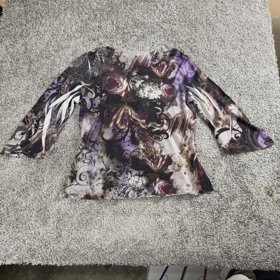 VTG Womens Shirt XL Scoop Neck Hanky Flare Sleeve Beaded Boho Fairy Romantic - Image 2 of 4