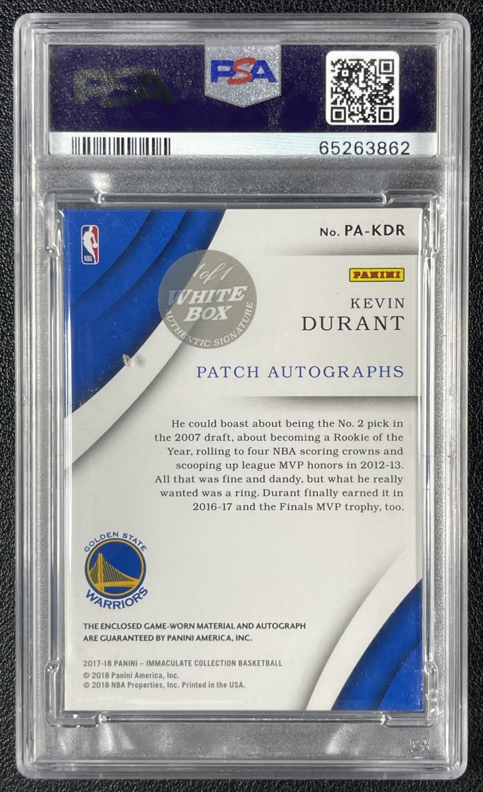 KEVIN DURANT PSA 8 2017 PANINI IMMACULATE GAME-USED PATCH AUTO RED WHITEBOX 1/1 view 2