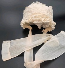 Antique Hand Sewn Baby Baptismal Christening Bonnet With Tie