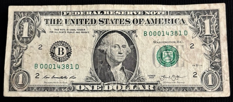 2013 New York $1 Bill Low Serial Number Triple 000’s Low #14,381 Note