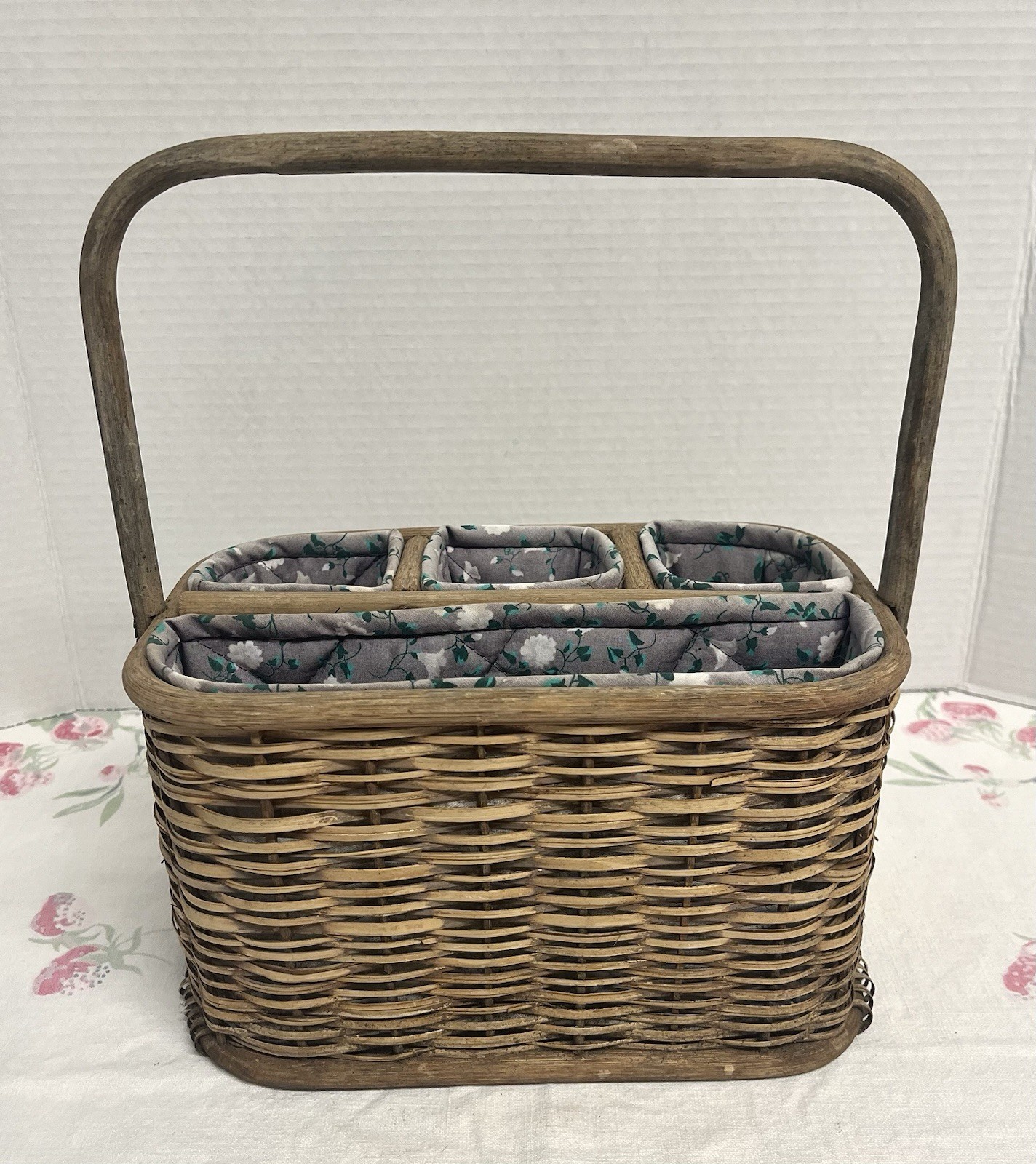 Vintage Floral Fabric Lined Wicker Utensil Picnic Basket Napkin Caddy Rustic
