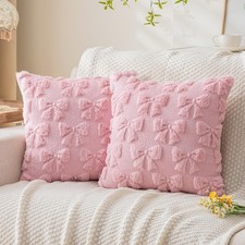 Pink Bow Throw Pillow Covers 18x18in Set of 2,Christmas Coquette Soft Plush Faux