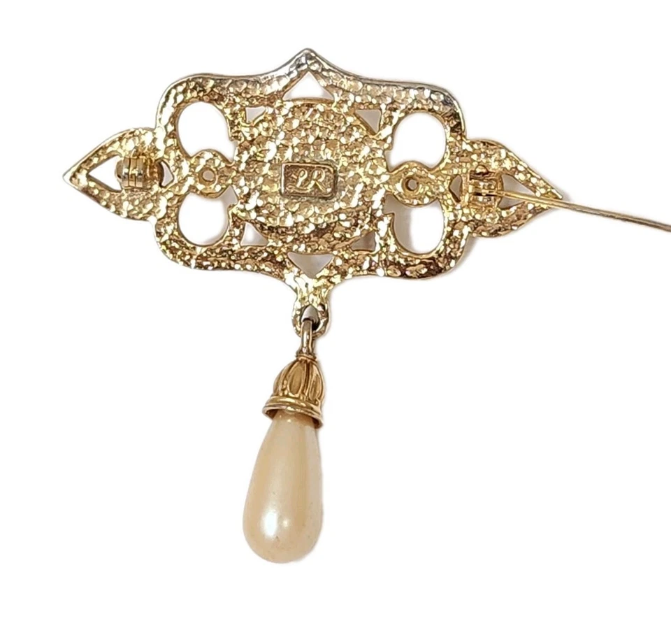 Broche prendedor vintage de lágrima redondo y colgante de cristal Remington con concha de oro de 14K para dama Foto 3 de 4