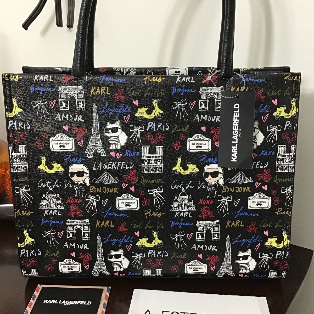 NWT KARL LAGERFELD Paris Maybelle Satchel Tote Bag Black Graffiti 