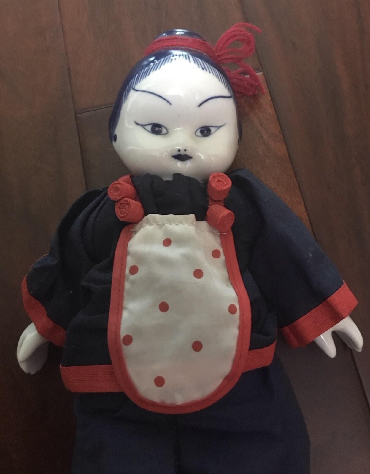 Blue White Delft Style Porcelain Asian Doll in Traditional Dress Chinoiserie Vtg