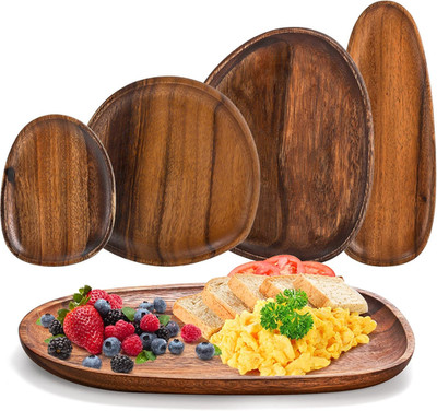 Set of 5 Acacia Wood Serving Platter and Trays, Irregular Oval Solid Wood Plates