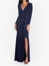 Betsy  Adam A24450 Faux Wrap Cascade Jersey Gown Sz 12 Navy