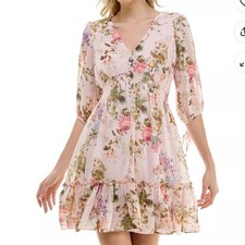 Taylor Pink Floral Chiffon Smocked Waist Ruffle Mini Dress Size 16 Romantic
